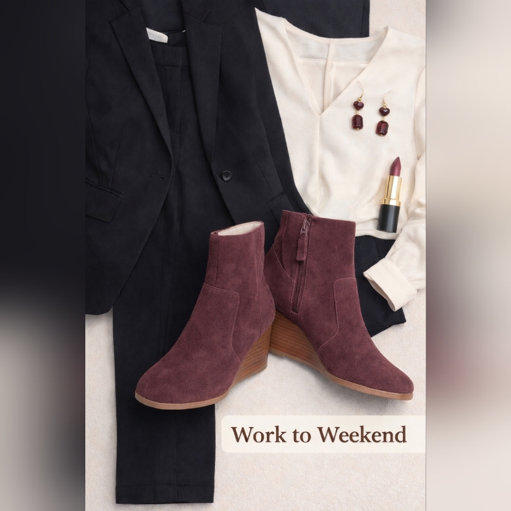 Violet & Red Jay Jay Burgundy Suede Wedge Booties Size 8 Leather Upper NWT - Picture 4 of 12